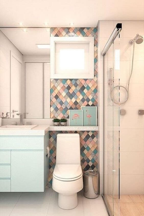 Porcelanato para banheiro retro azul e rose 