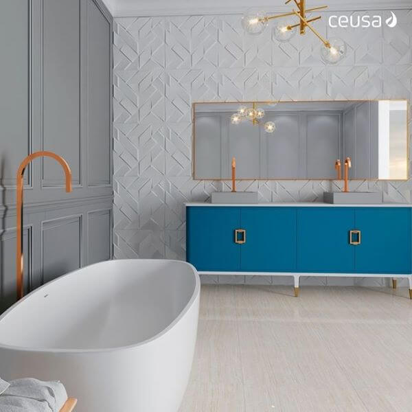 Banheiro retro branco com gabinete azul e detalhes em dourado