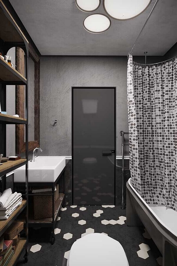 Decoração de banheiro estilo industrial com piso hexagonal Foto Behance