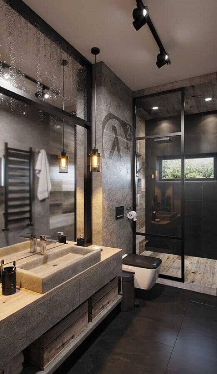 banheiro industrial moderno decorado com luminária trilho e cimento queimado Foto Home Designing