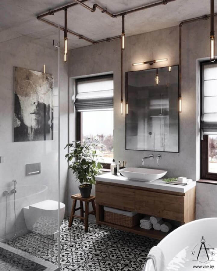 Gabinete de madeira para banheiro estilo industrial decorado com parede de cimento queimado Foto Home Designing