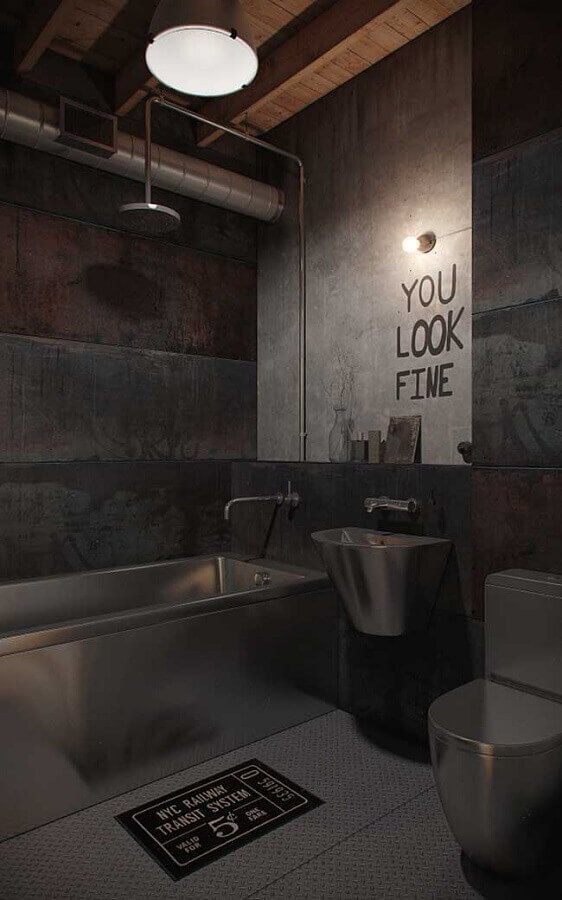 Tons de cinza para banheiro industrial moderno decorado com banheira inox Foto Futurist Architecture