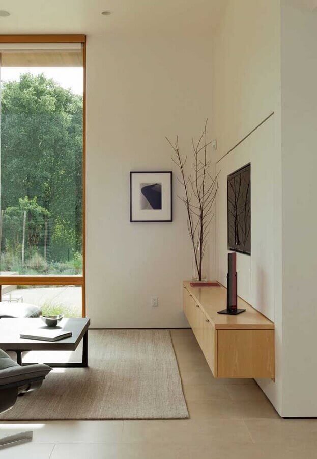 rack de madeira moderno para sala com parede de vidro Foto Ideias Decor