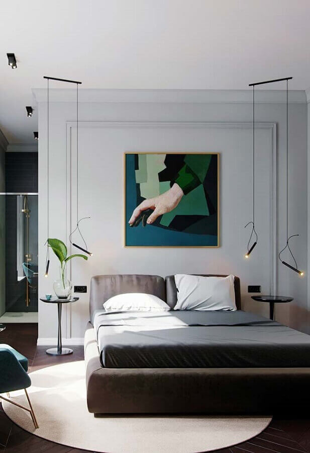 Decoração moderna para quarto com boiserie e luminária pendente Foto Home Fashion Trend