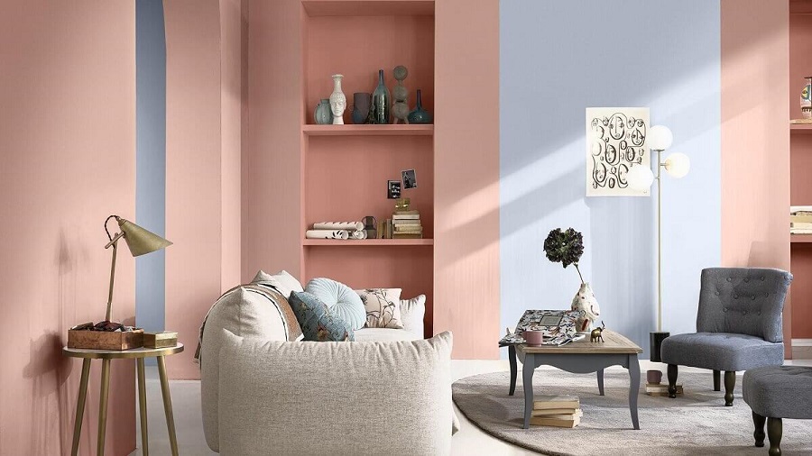 Decoração delicada para sala de estar azul e rosa Foto Coral