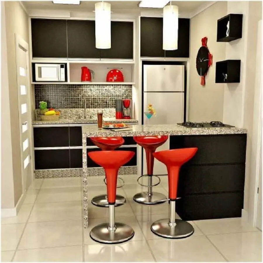 armário pequeno de cozinha americana planejada preta com bancada de granito Foto Pinterest