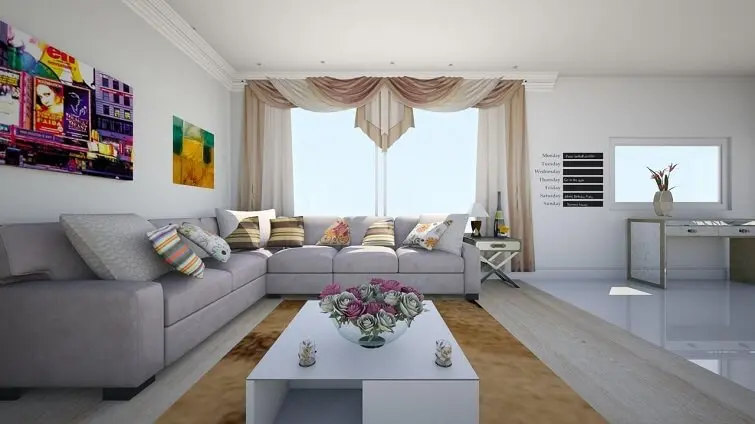 Sala de estar com sofá de canto cinza e almofadas coloridas