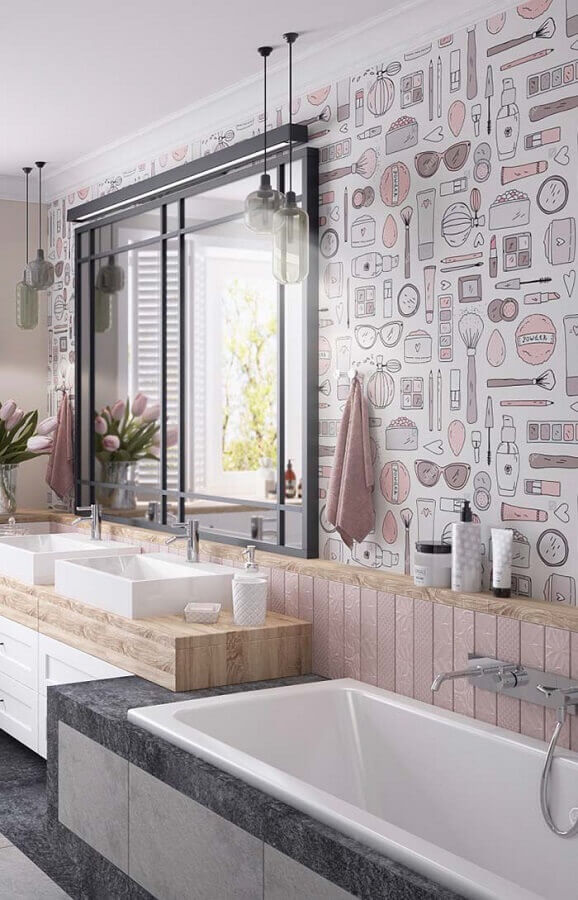 banheiro feminino decorado com papel de parede com desenhos de itens femininos Foto Behance