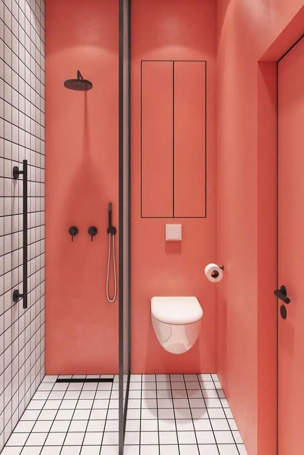 decoração banheiro feminino na cor coral minimalista Foto Ideias Decor