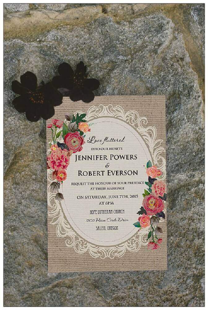 modelo vintage para convite de casamento simples com desenhos de flores