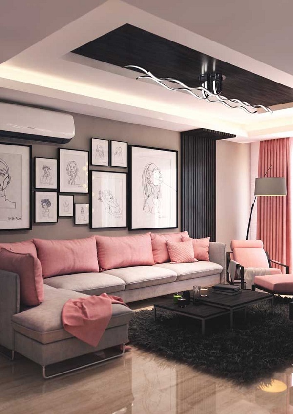 Porcelanato para sala com sofá bege e almofadas cor de rosa
